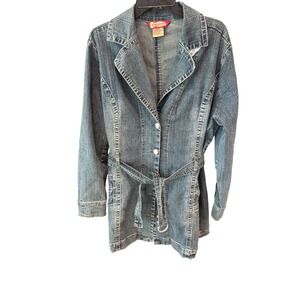 Y2K Vintage Curvaceous Denim Jean Jacket Belted Button Down Blue Womens‎ Size L